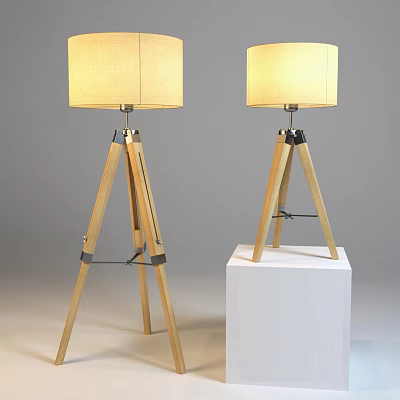 Two Beige Fabric Lampshade Wooden Tripod Floor Lamp Set On White Pedestal 3d model