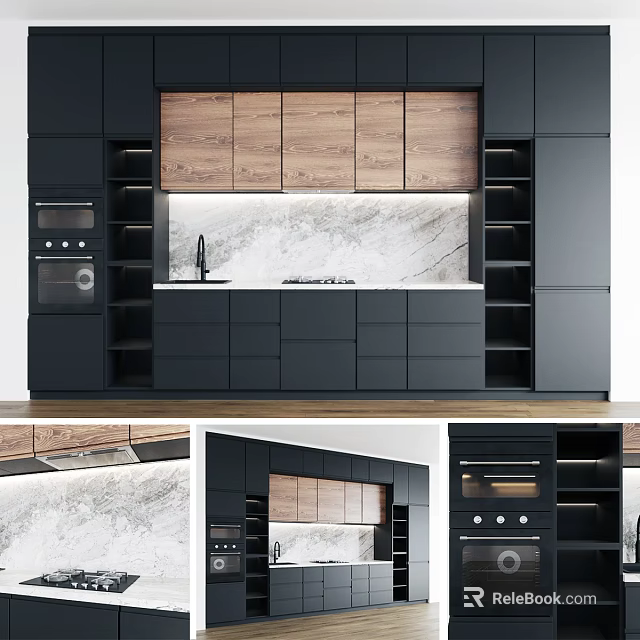 Modern Kitchen Interior With Black And Wooden Cabinets And Marble Countertop 3d model 