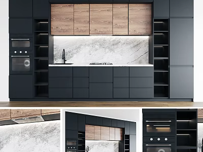 Modern Kitchen Interior With Black And Wooden Cabinets And Marble Countertop 3d model