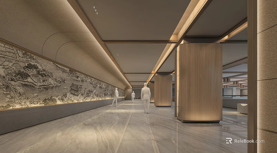 Modern Cultural Center Interior Featuring Long Corridor Mural Painting Marble Floor And Wooden Pillars 3d model 