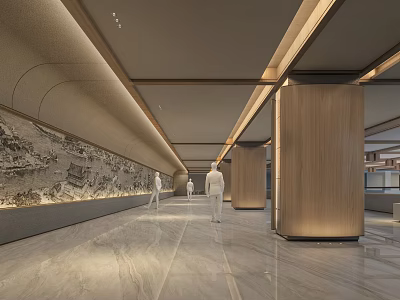 Modern Cultural Center Interior Featuring Long Corridor Mural Painting Marble Floor And Wooden Pillars 3d model