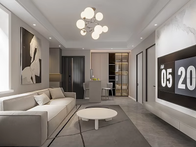Modern Living and Dining Room Interior With Sofa Coffee Table Chandelier TV Rug and Painting 3d model