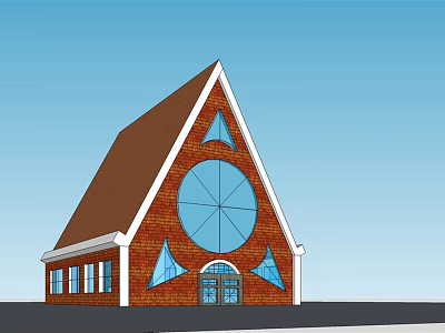 Red Brick Detached Villa With Triangular Roof Circular Window And Double Doors 3d model