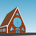 Red Brick Detached Villa With Triangular Roof Circular Window And Double Doors