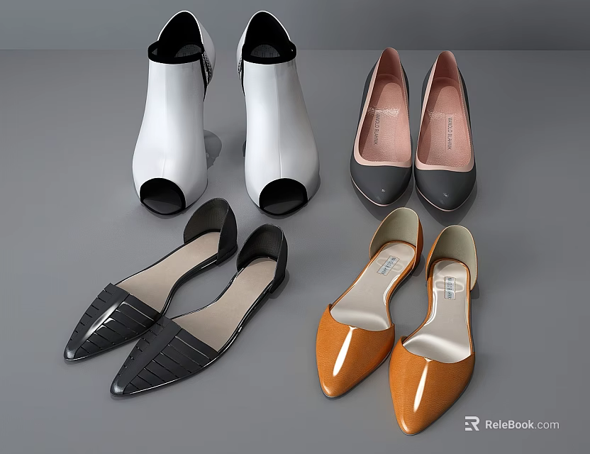 Women's Fashion Shoes Collection Including Open Toe Pointed Toe Flat Styles In White Black Brown 3d model 