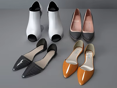 Women's Fashion Shoes Collection Including Open Toe Pointed Toe Flat Styles In White Black Brown 3d model