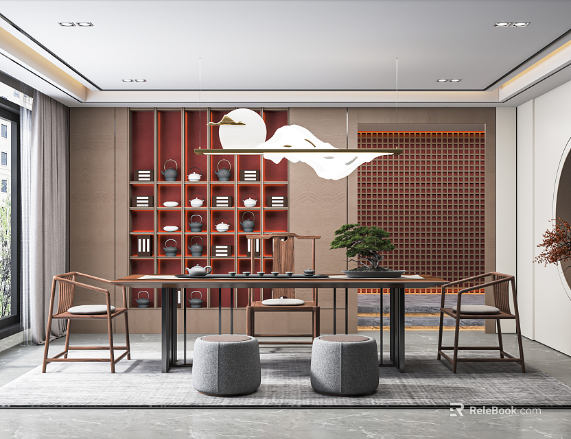 Traditional Chinese Tea Room Interior With Red Wooden Shelves Long Table And Swan Pendant Light 3d model 