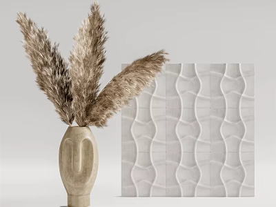 Minimalist Ceramic Vase With Dried Pampas Grass Against White Wavy Textured Tile Backdrop 3d model