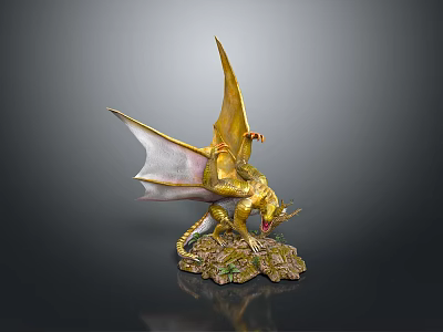 Golden Dragon Statue With Wings Standing On Rock Base And Scaled Body Details 3d model
