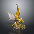 Golden Dragon Statue With Wings Standing On Rock Base And Scaled Body Details