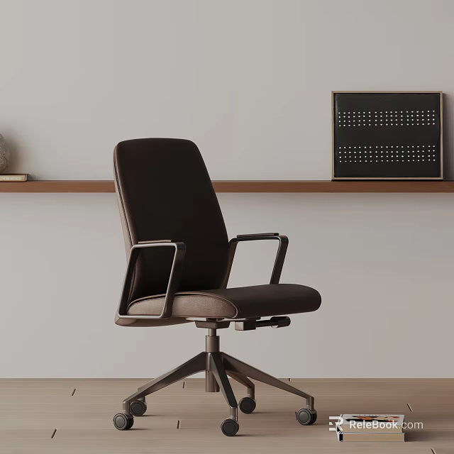 Dark Brown Office Chair with Metal Armrests Swivel Base Wooden Shelf and Dot Pattern Artwork 3d model 