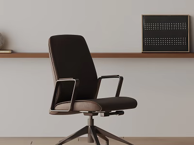 Dark Brown Office Chair with Metal Armrests Swivel Base Wooden Shelf and Dot Pattern Artwork 3d model