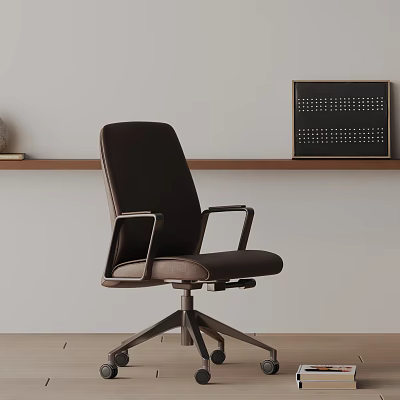 Dark Brown Office Chair with Metal Armrests Swivel Base Wooden Shelf and Dot Pattern Artwork 3d model