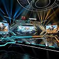Futuristic Esports Competition Stage With Dazzling Red Neon Lights And Multiple Large Gaming Screens