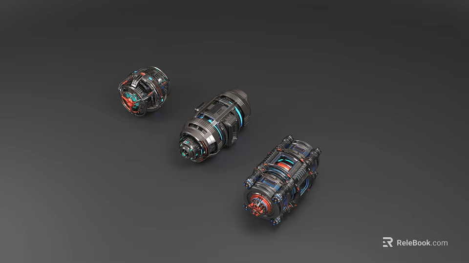 Three Smart Machines Featuring Advanced Metallic Structure And Glowing Elements 3d model