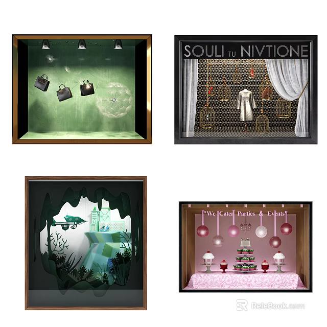 Creative Shop Window Displays Featuring Bags Dresses Plants And Festive Decorations 3d model 