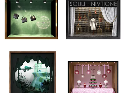 Creative Shop Window Displays Featuring Bags Dresses Plants And Festive Decorations 3d model