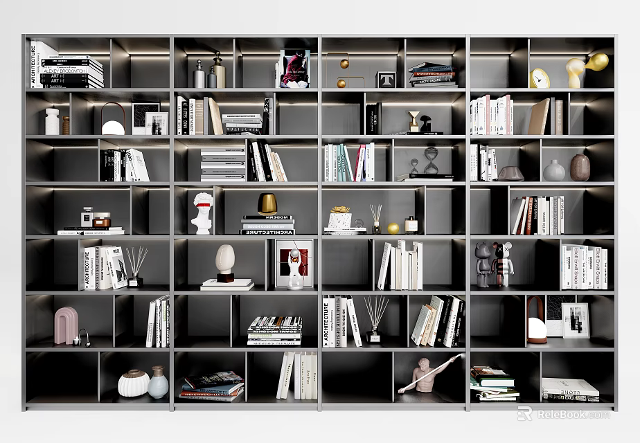 Open Modern Bookcase Interior With Multiple Compartments Books And Decorative Items 3d model 