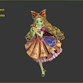 Elegant Game Movie Character With Long Curly Hair Large Red Bow Blue Yellow Dress Holding Apple