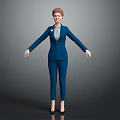 3D Model Woman In Blue Suit Standing With Outstretched Arms On Gray Background