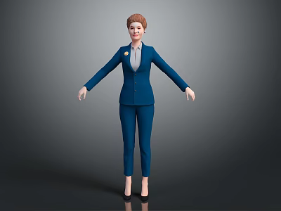 3D Model Woman In Blue Suit Standing With Outstretched Arms On Gray Background 3d model