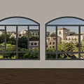 Double Arched Windows Interior View With Buildings And Lush Greenery Outside 3d model