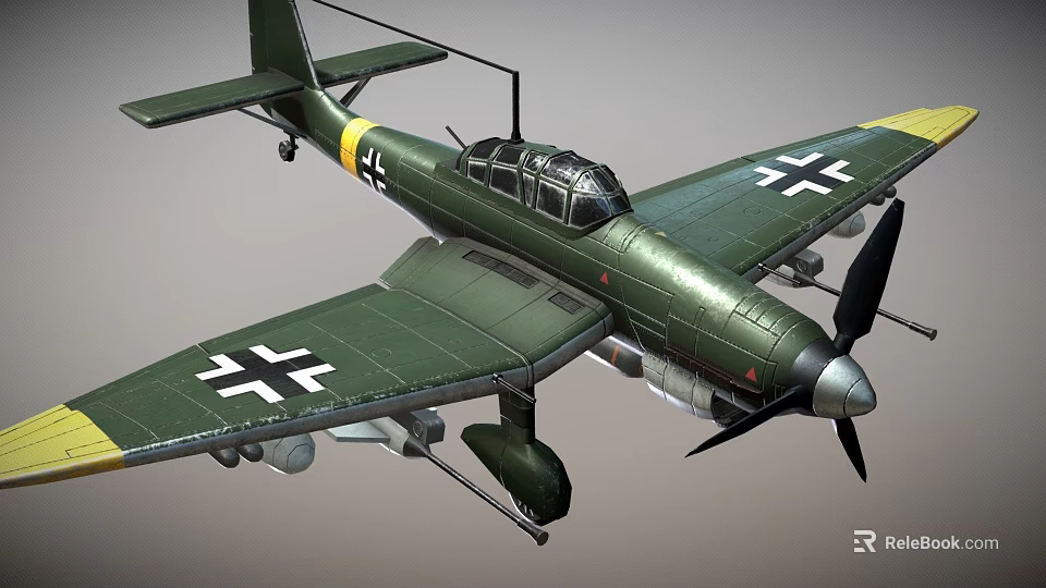 Detailed Green Military Fighter Aircraft With Cross Markings On Wings Propeller And Bombs 3d model 