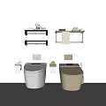 White And Beige Toilet With Wall Mounted Shelves Towel Bars Toilet Paper Holders And Brush