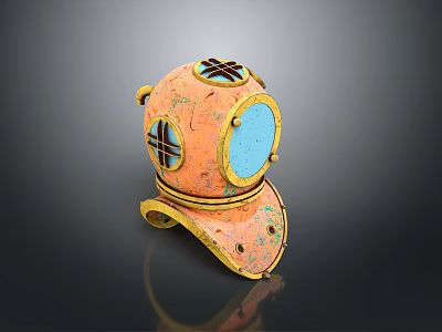 Vintage Orange Diver Helmet With Blue Circular Viewing Window And Yellow Edges 3d model
