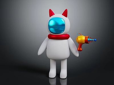 White Doll With Red Cat Ears Blue Face Mask Red Collar Holding Toy Gun 3d model