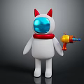 White Doll With Red Cat Ears Blue Face Mask Red Collar Holding Toy Gun