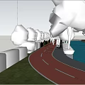 Road Infrastructure Design With Red Pathway Green Trees And Water Canal