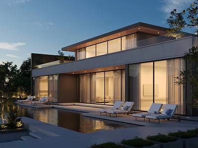 Modern Detached Villa With Swimming Pool Sun Loungers Glass Walls And Evening View 3d model