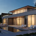 Modern Detached Villa With Swimming Pool Sun Loungers Glass Walls And Evening View