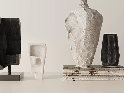 Modern Artistic Decorative Ornament Set With Irregular Shape Stone Texture And Wooden Base 3d model