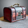 Vintage Display Shelf Featuring Red Black Leather Trunk with Metal Lock on Woven Mat