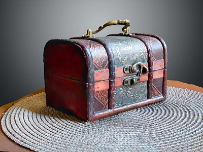 Vintage Display Shelf Featuring Red Black Leather Trunk with Metal Lock on Woven Mat 3d model