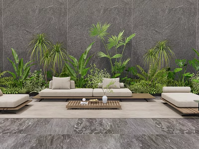 Beige Outdoor Sofa With Lush Green Plants Gray Wall And Wooden Coffee Table 3d model