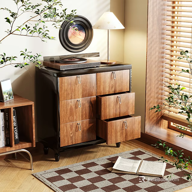Wooden Storage Cabinet With Multiple Drawers Near Plants Table Lamp And Bookshelf 3d model 