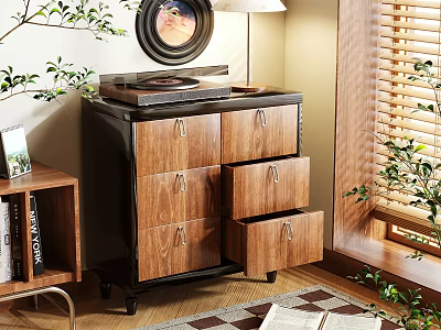 Wooden Storage Cabinet With Multiple Drawers Near Plants Table Lamp And Bookshelf 3d model