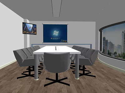 Modern Conference Room Interior With White Table Gray Chairs Projection Screen TV And City View 3d model