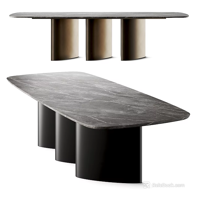 Elegant Modern Dining Table With Gray Marble Oval Tabletop And Black Cylindrical Legs 3d model 