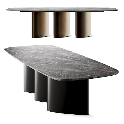 Elegant Modern Dining Table With Gray Marble Oval Tabletop And Black Cylindrical Legs 3d model