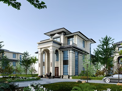 Elegant Detached Villa Exterior Design With Arched Porch Large Windows And Surrounding Greenery 3d model