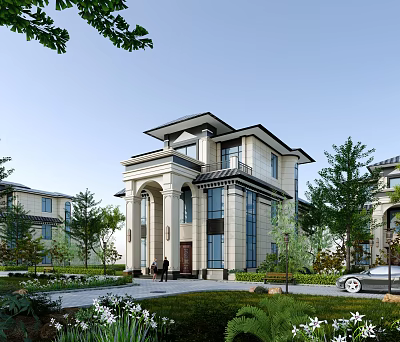 Elegant Detached Villa Exterior Design With Arched Porch Large Windows And Surrounding Greenery 3d model