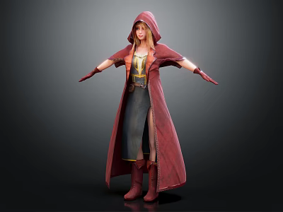 3D Fantasy Female Character in Red Hooded Cloak Dark Skirt Gloves and Boots 3d model