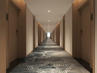 Modern Hotel Corridor Design With Wooden Walls Recessed Lighting And Wave Pattern Carpet 3d model
