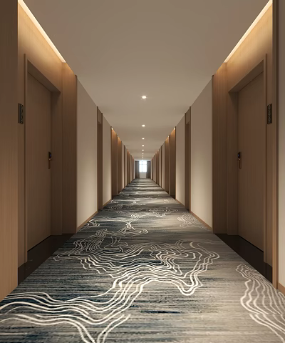 Modern Hotel Corridor Design With Wooden Walls Recessed Lighting And Wave Pattern Carpet 3d model