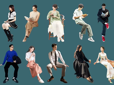 Diverse Group of People in Various Sitting Poses and Casual Outfits 3d model