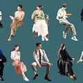 Diverse Group of People in Various Sitting Poses and Casual Outfits